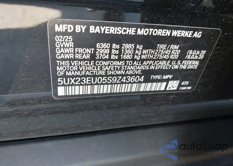 2025 BMW X5 xDrive40I из США, поврежденный, VIN 5UX23EU05S9Z43604